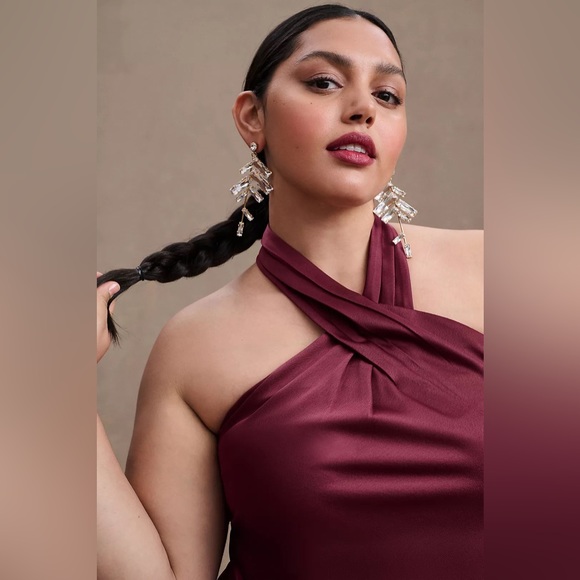 SOLD BHLDN NWT Ruby Twist Halter Satin Gown Plus Size 22 Dark Berry Bridesmaid - Picture 4 of 16